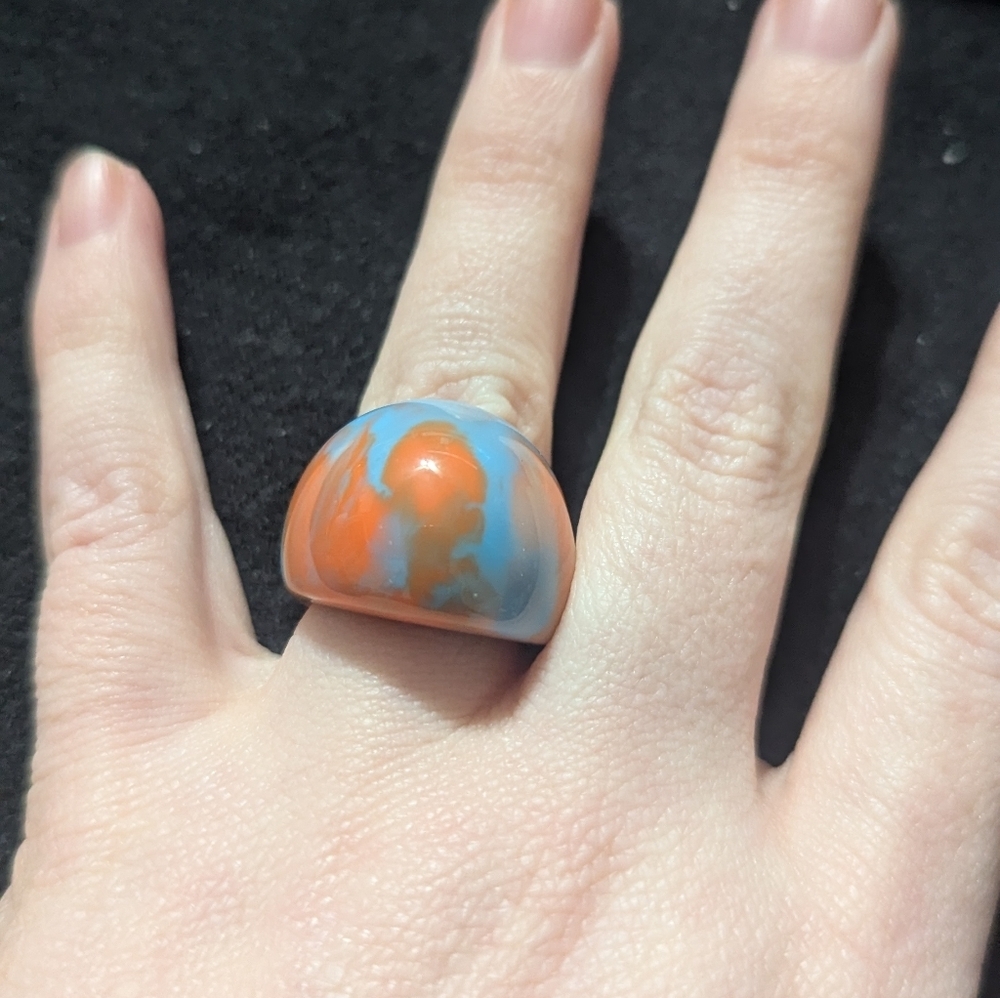 Blue and Orange Bubble Chunky Resin Dome Statement Ring - size 7.5